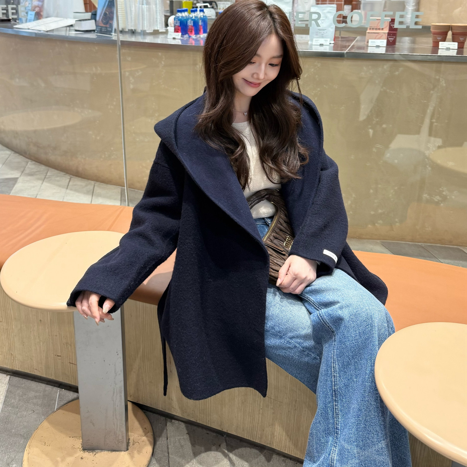 曹大曼 经典连帽羊驼毛双面毛呢大衣中长款宽松慵懒风外套深蓝色