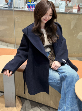 曹大曼 经典连帽羊驼毛双面毛呢大衣中长款宽松慵懒风外套深蓝色