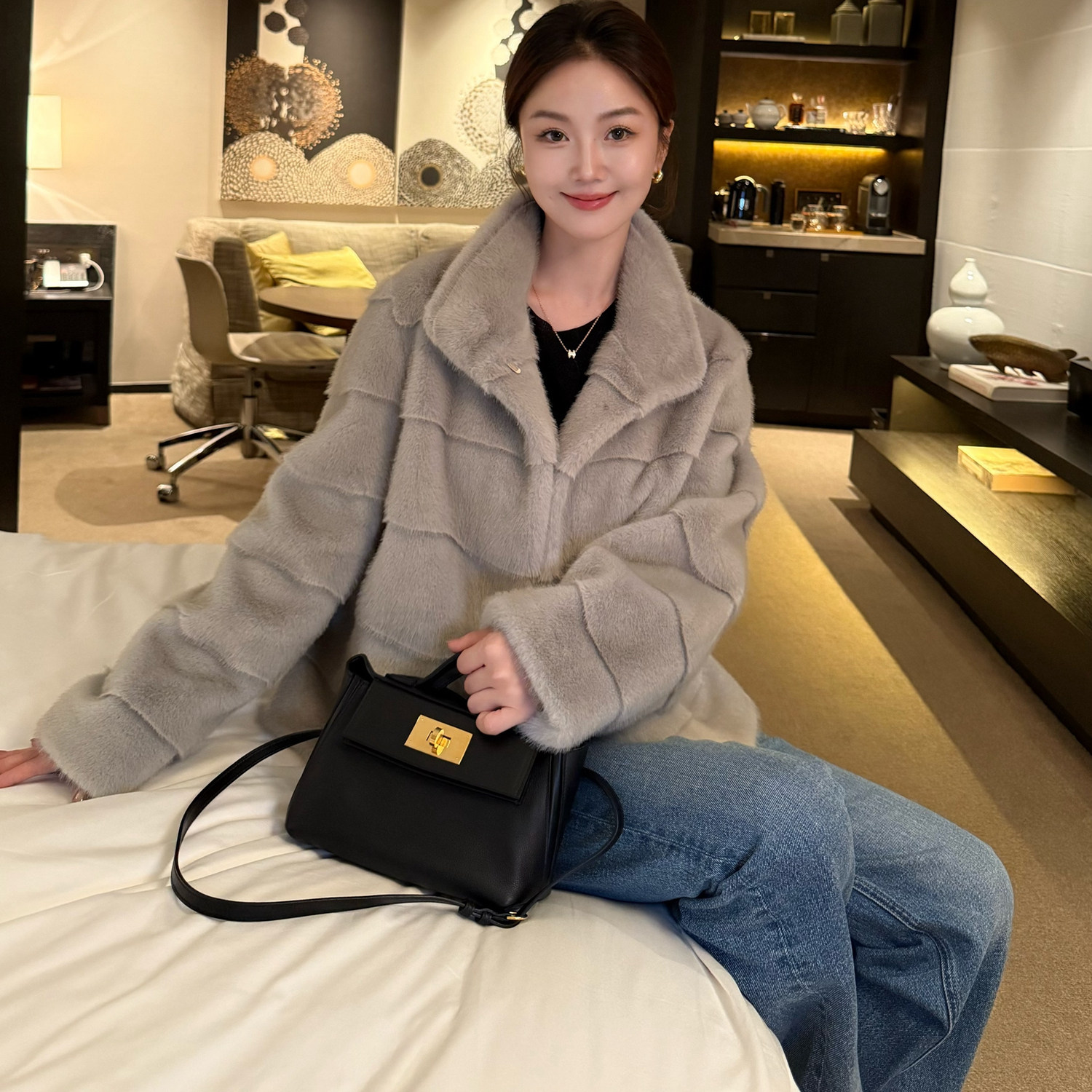 曹大曼 复古时髦银狐色仿水貂皮草外套年轻款立领毛皮草外套女