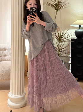 高腰蓬蓬A字仙女气质百褶纱裙春