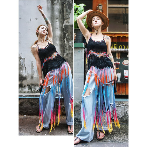 罗大娘毛线流苏背心裙波西米亚沙滩吊带长裙泰国海边度假彩色屁帘