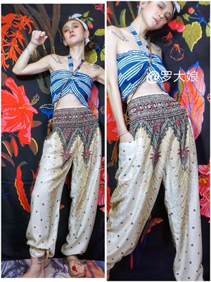 罗大娘泰国度假高腰宽松长裤民族风人棉辣妹沙滩裤瑜伽裤波西米亚