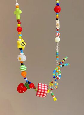 2026新款多巴胺彩色苹果星星串珠项链网红轻奢小众夏日炫彩锁骨链