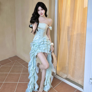 金泫雅同款重工不规则荷叶边流苏挂脖连衣裙越南小众腰封两件套裙