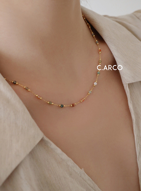 复古气质小众设计彩色石头项链女 简约ins欧美个性百搭短款锁骨链