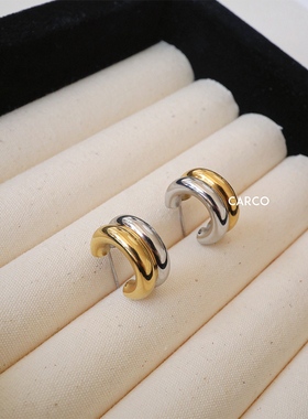 极简百搭钛钢金银拼色圈圈耳环女 欧美风法式简约高级感耳圈耳饰