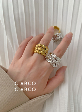 欧美风高级感编织戒指 钛钢金银两色 ins夸张宽版食指戒指环女