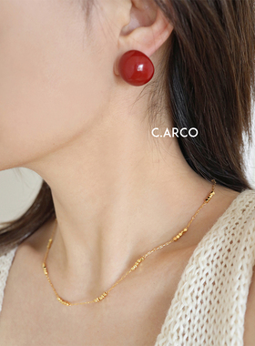 波尔多红银针油滴酒红色显白圆球耳钉 复古气质高级感车厘子耳环