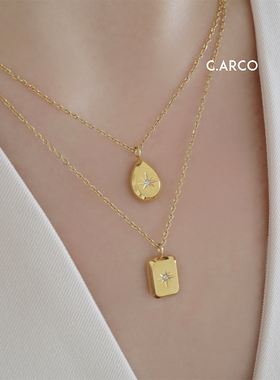 法式水滴方牌立体八芒星项链女ins北极星吊坠镶钻叠搭钛钢锁骨链