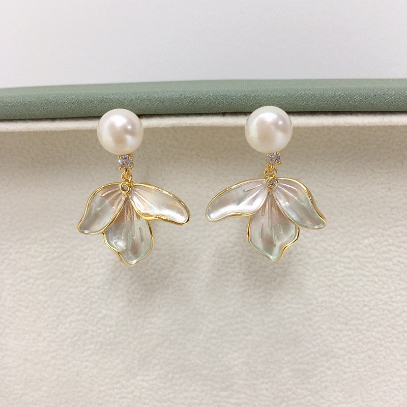 天然淡水真珍珠耳环女18K包金流苏叶子优雅清新耳钉S925银针耳饰