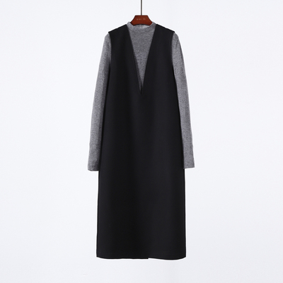 简约深V精纺羊毛纱绉纯色背心裙