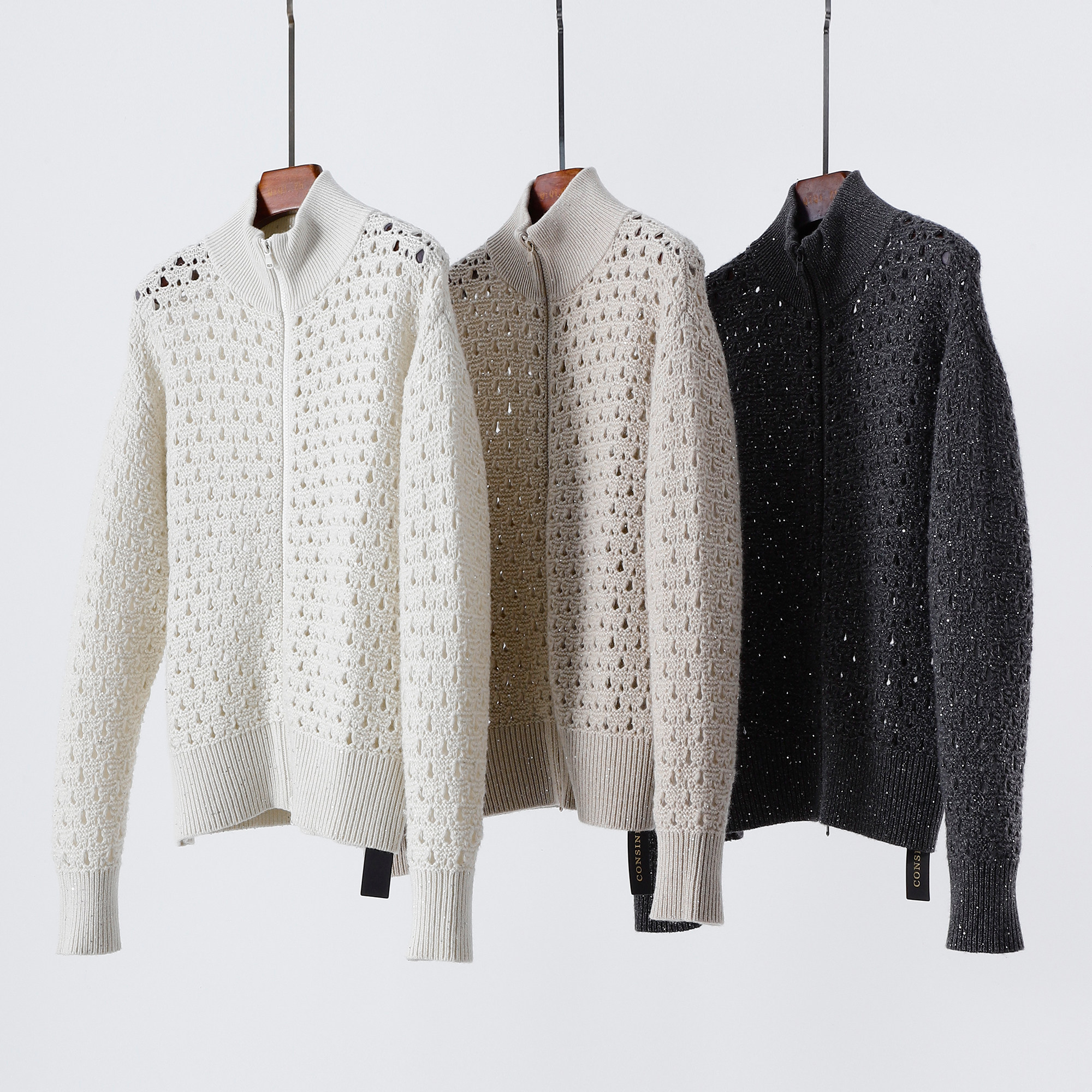 高级松弛感 重磅珠片羊绒镂空立领宽松休闲开衫 针织外套,女装/女士精品,羊绒衫,淘宝优惠券,粉丝福利购,淘宝优惠卷