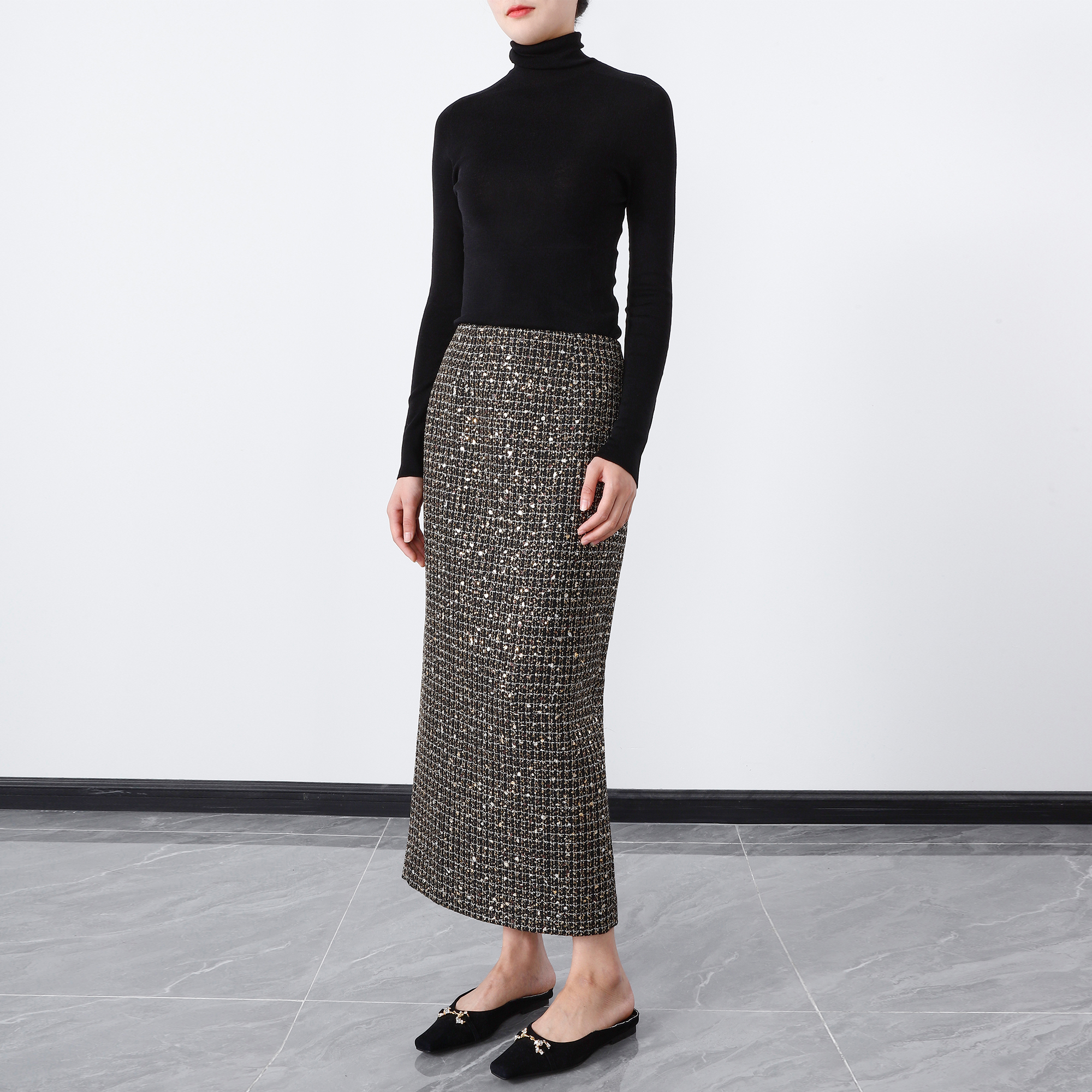 真丝内衬小香风亮片半身裙