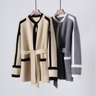 艺术拼色 加厚四平针织山羊绒气质撞色针织开衫 休闲毛衣外套