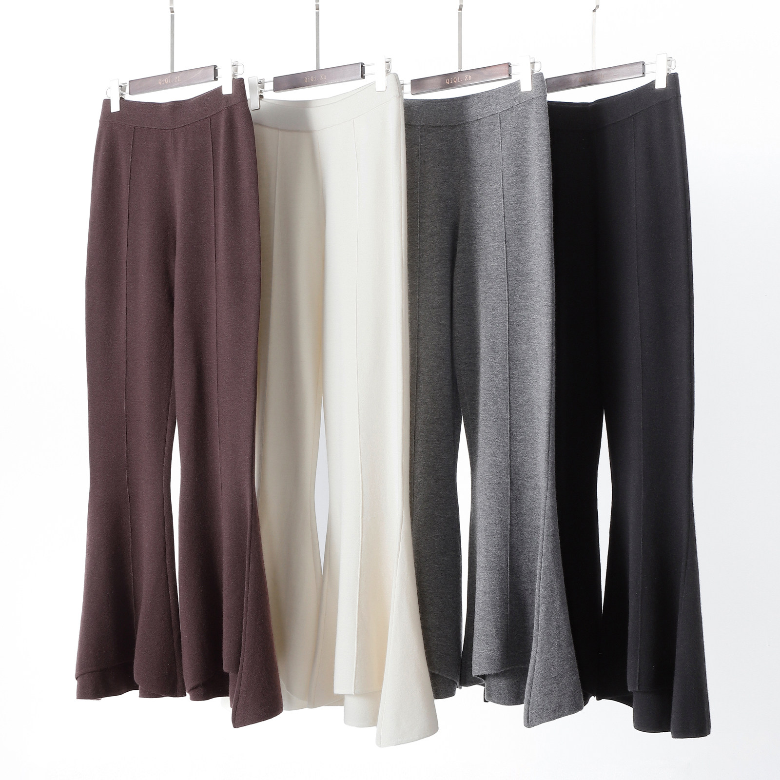 W单适合高姐 加密精纺山羊绒松紧腰修身显瘦休闲裤针织喇叭长裤