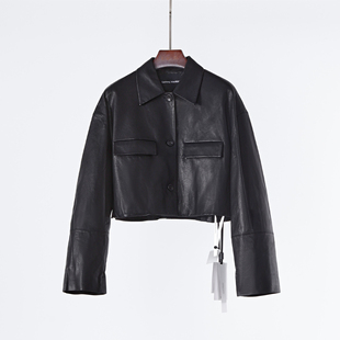 原生自然 进口植鞣头层绵羊皮 细腻绵羊皮翻领短款真皮皮衣外套
