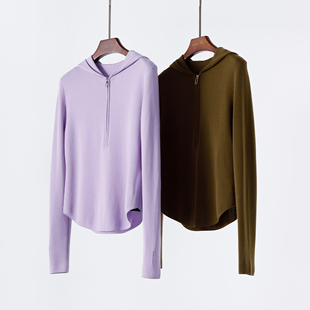 极细美莉诺羊毛连帽半拉链针织衫女长袖修身显瘦毛衣