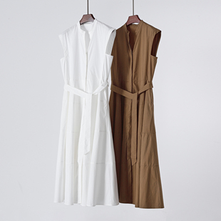 清新文艺 高密棉无袖修身大摆v领连衣裙 收腰A字长裙