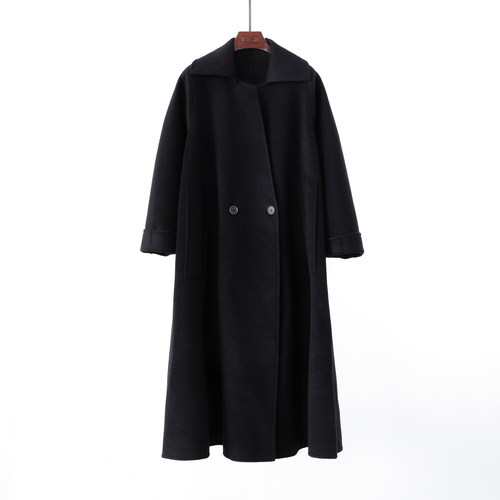 双排扣双面手缝山羊绒A摆长大衣