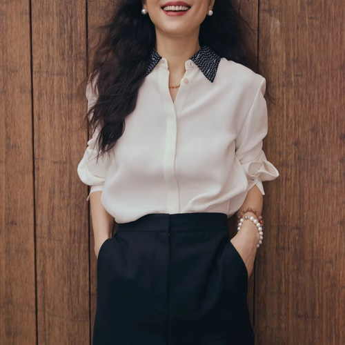 知性优雅 重工钉珠领重磅真丝重绉白色翻领长袖衬衫女桑蚕丝上衣