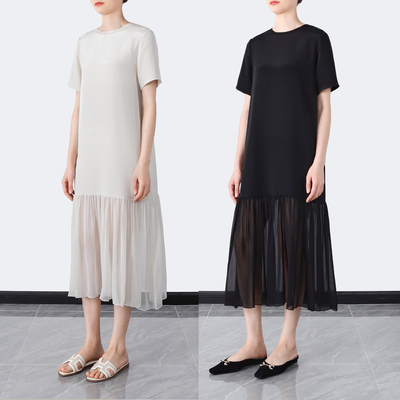 重磅真丝拼乔其纱宽松中长连衣裙