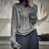 知性温柔风 桑蚕丝上衣 透视修身 极简格纹真丝立领高领长袖 衬衫