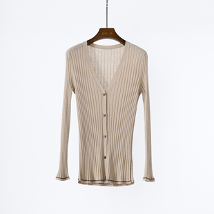 纽扣毛衣薄款 女修身 外套柔软亲肤 精纺羊毛简约V领针织开衫 早春款