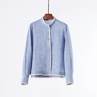 衬衫 文气少女 色织亚麻拼蕾丝木耳花边清新蓝长袖