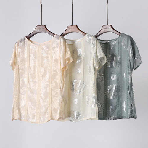 真丝提花蕾丝贴布刺绣上衣