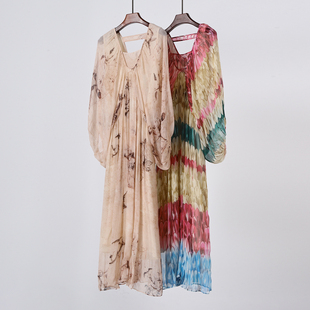 长裙 宽松桑蚕丝连衣裙 浪漫度假风 加厚真丝顺纡灯笼袖