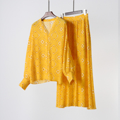 柔美印花桑蚕丝套装 大摆半身长裙 小重磅真丝双绉v领包扣上衣