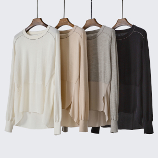 针织衫 休闲上衣 精纺山羊绒拼桑蚕丝简约百搭圆领长袖 面料控系列