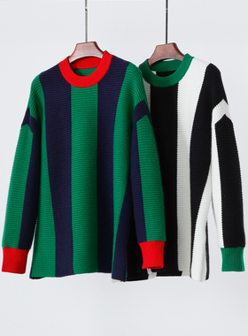 尾 怕冷星人收 加厚重磅山羊绒撞色条纹宽松套头休闲针织大毛衣