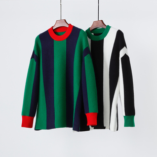 尾 怕冷星人收 加厚重磅山羊绒撞色条纹宽松套头休闲针织大毛衣