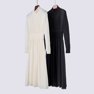 早春新款 真丝拼桑蚕丝修身连衣裙 精致高领长袖褶皱气质打底裙