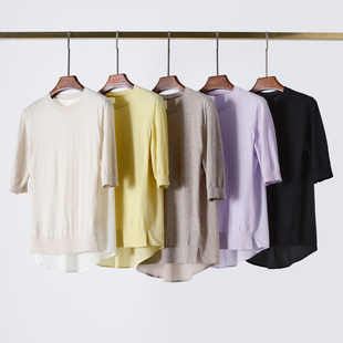 有钱人系列 精纺山羊绒拼接真丝双绉短袖宽松休闲针织衫 T恤