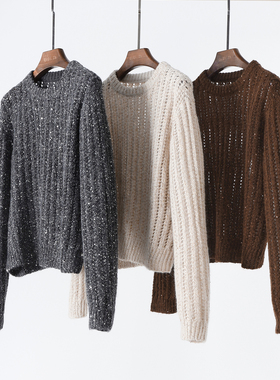 细节看质感 高版本b~C加密亮片纱圆领套头休闲短款针织毛衣