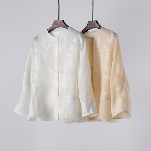 双层桑蚕丝提花刺绣新中式上衣