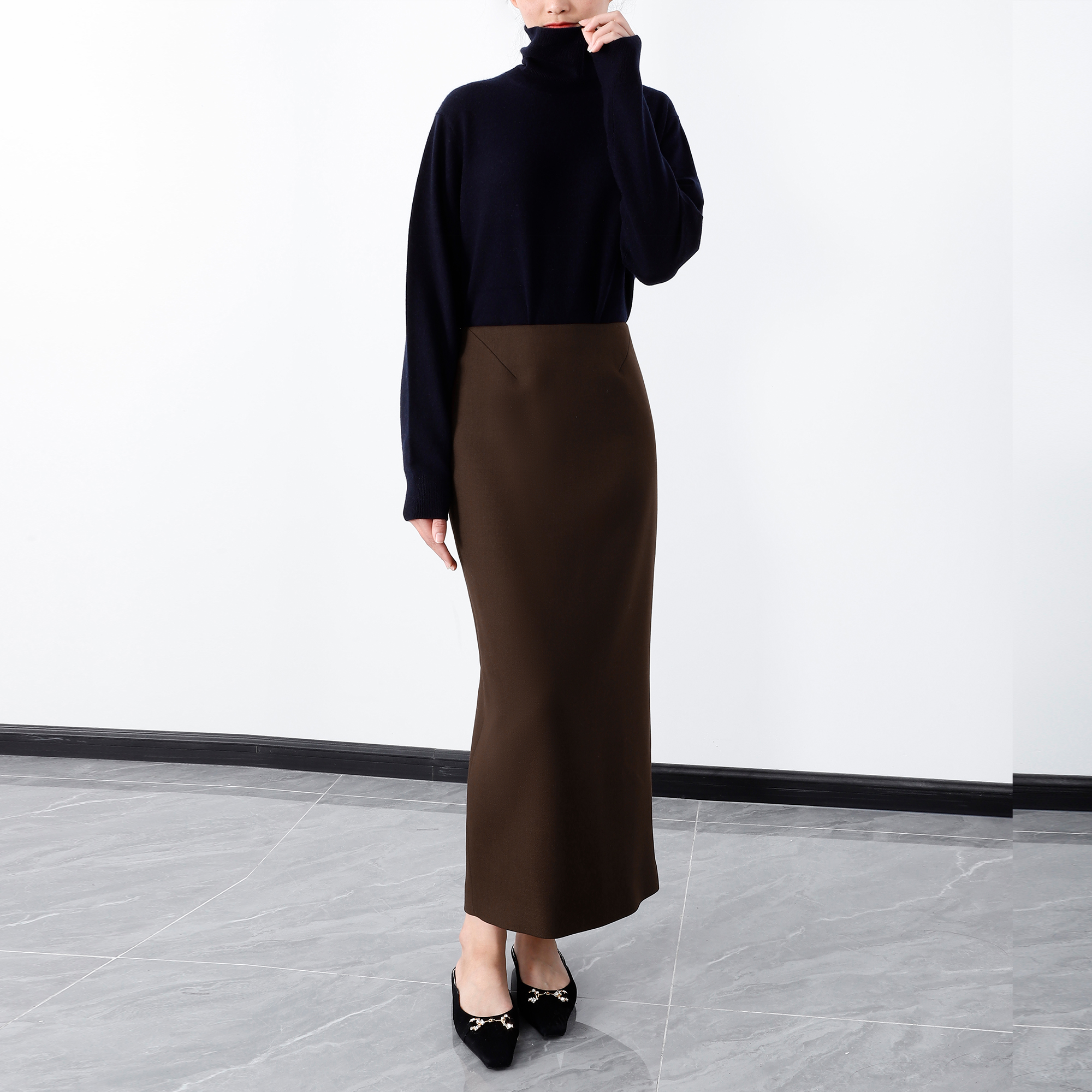 斜纹羊毛高腰半身裙包臀裙