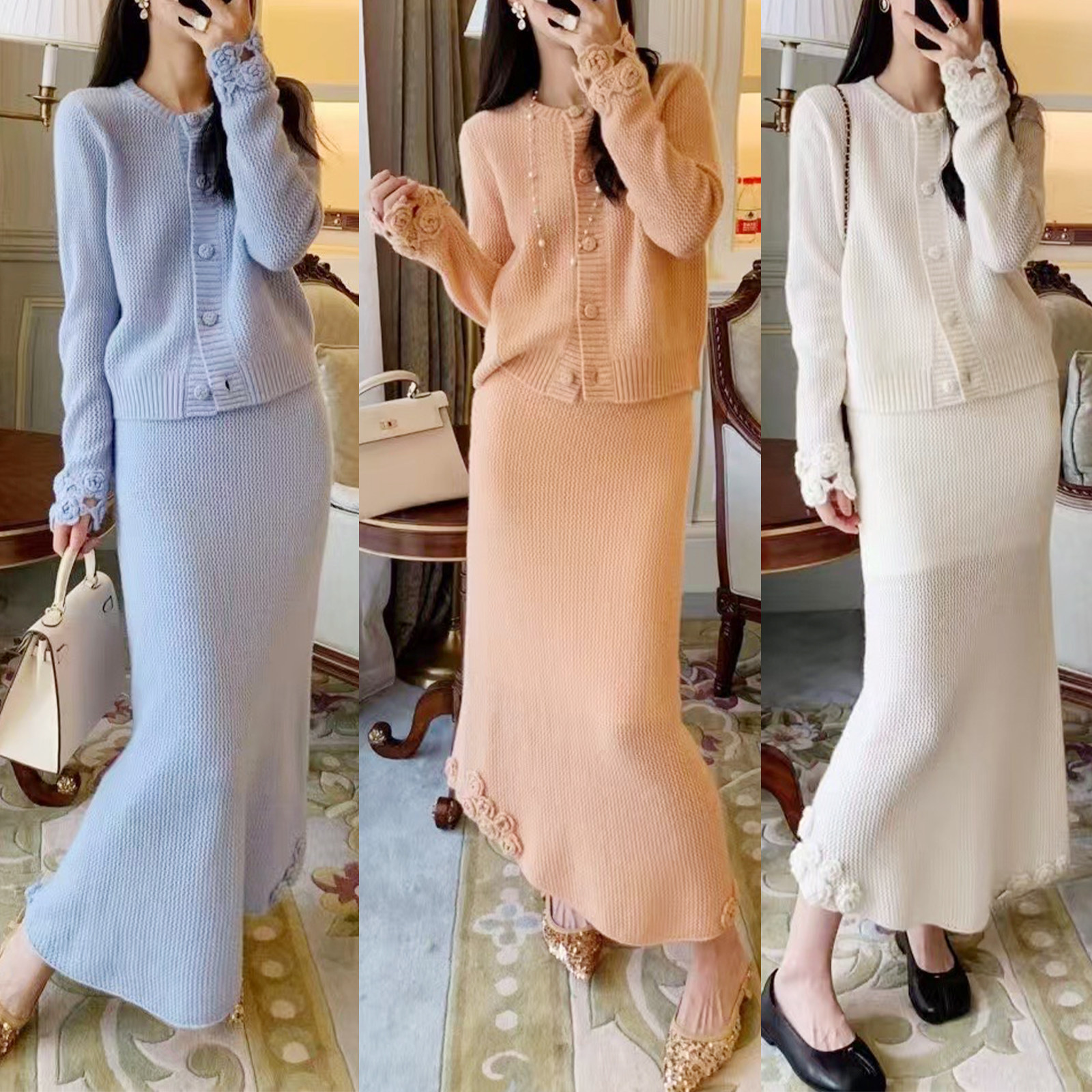 手工花朵重磅山羊绒针织套装