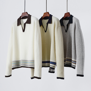 捡漏!!松弛文艺 减龄撞色POLO领休闲针织套头翻领羊绒衫 毛衣