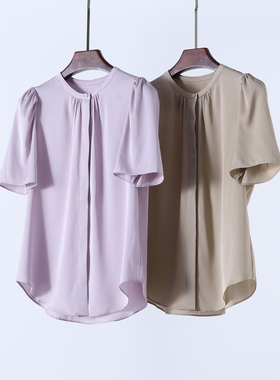 禾同款 重磅真丝双乔缎 桑蚕丝短袖圆领气质通勤衬衫 上衣