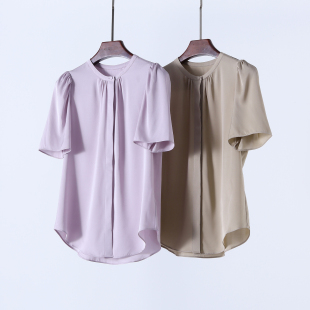 圆领气质通勤衬衫 桑蚕丝短袖 上衣 重磅真丝双乔缎 禾同款