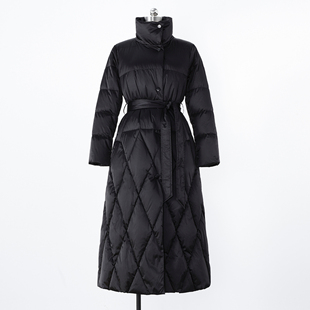 新标95白鹅绒 菱格羽绒服女黑色立领收腰轻显瘦保暖外套长款袄子