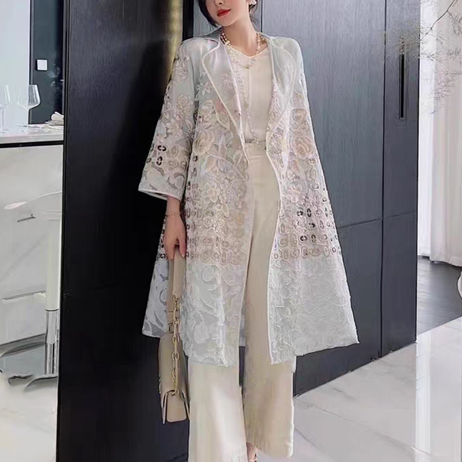 印尼国宝牌 飞鸟牡丹万针立体刺绣真丝欧根纱镂空开衫 风衣外套