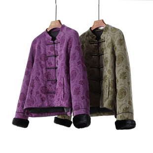 新中式鹅绒羽绒服 植物染重磅提花国风立领盘扣拼水貂外套 上衣