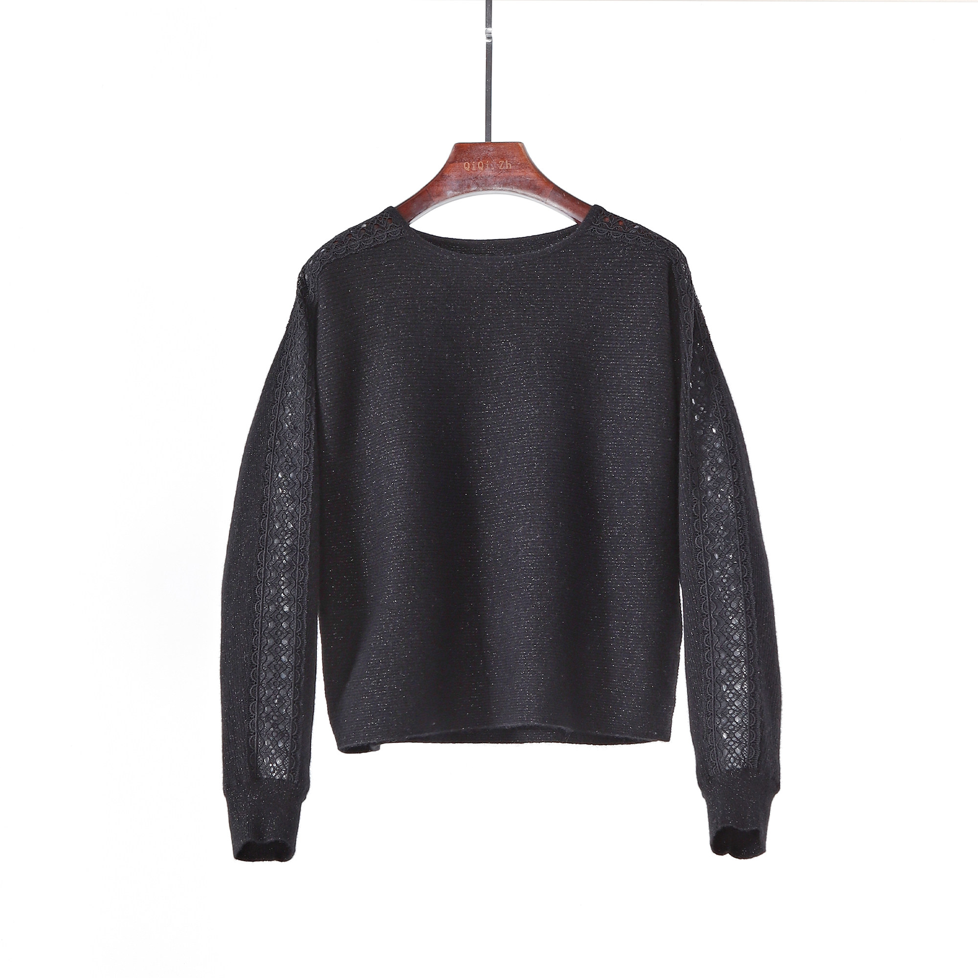 金丝隐闪 山羊绒蝙蝠袖一字领针织衫女镂空蕾丝拼接袖套头毛衣