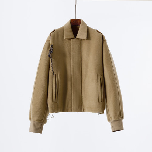 中性复古翻领毛呢驼色夹克短外套