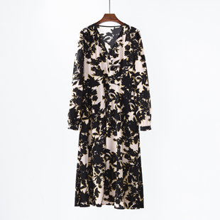 连衣裙 中长款 轻熟优雅 简约V领真丝桑蚕丝大气印花长袖