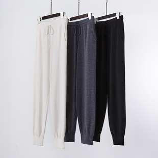 抽绳收口长裤 女宽显瘦休闲裤 松紧高腰针织束脚裤 极细美丽诺羊毛